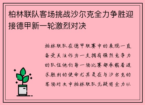 柏林联队客场挑战沙尔克全力争胜迎接德甲新一轮激烈对决